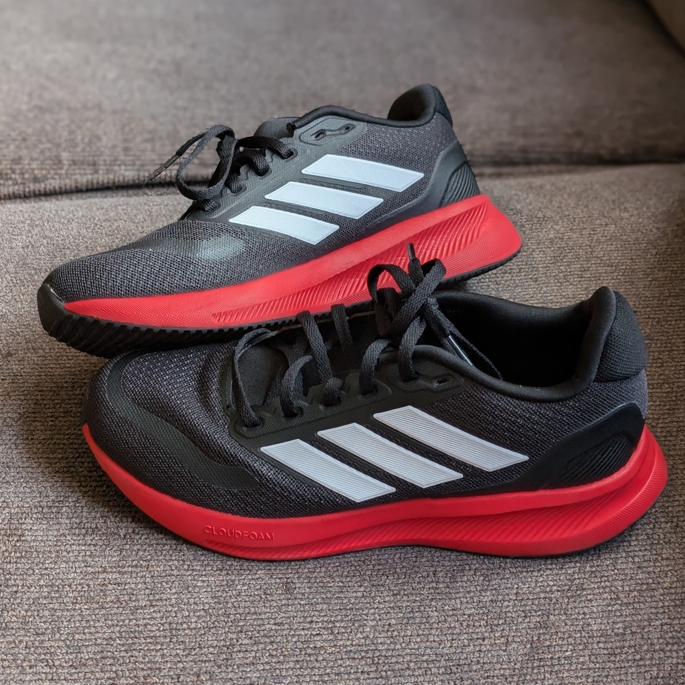 Adidas Men's Black and White Athletic Shoes with Red Soles